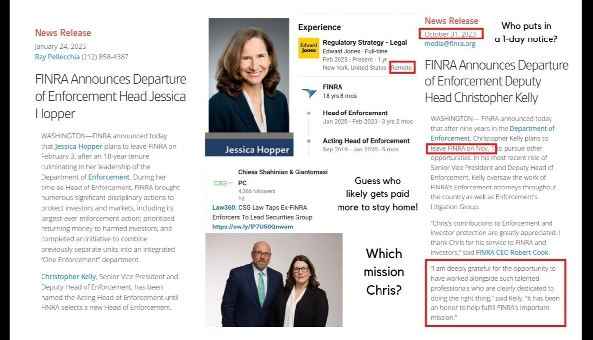 RareDealsHere's tweet photo. If you recall, when the @SECGov dropped the ball in the Madoff scandal, the only people forced out were from Enforcement. 

Ironically some of the names from that screw-up are also linked to the MMTLP Fiasco.

Hopper left FINRA before FINRA published the first MMTLP FAQ.

Kelly and Colone left before FINRA published the Supplemental MMTLP FAQ.

Nobody from Enforcement appeared to have been included in 12/12/22 meeting between FINRA and the SEC directly before the deletion of MMTLP trading symbol which officially locked in the settlement issue we've been stuck in more than 3 and half years!

The appearance is that Hopper didn't like what happened in regards to MMTLP, but she accepted the glowing review and the remote position at Edward Jones instead of speaking up. 

That's just the way it looks! @FBIWFO @TheJusticeDept