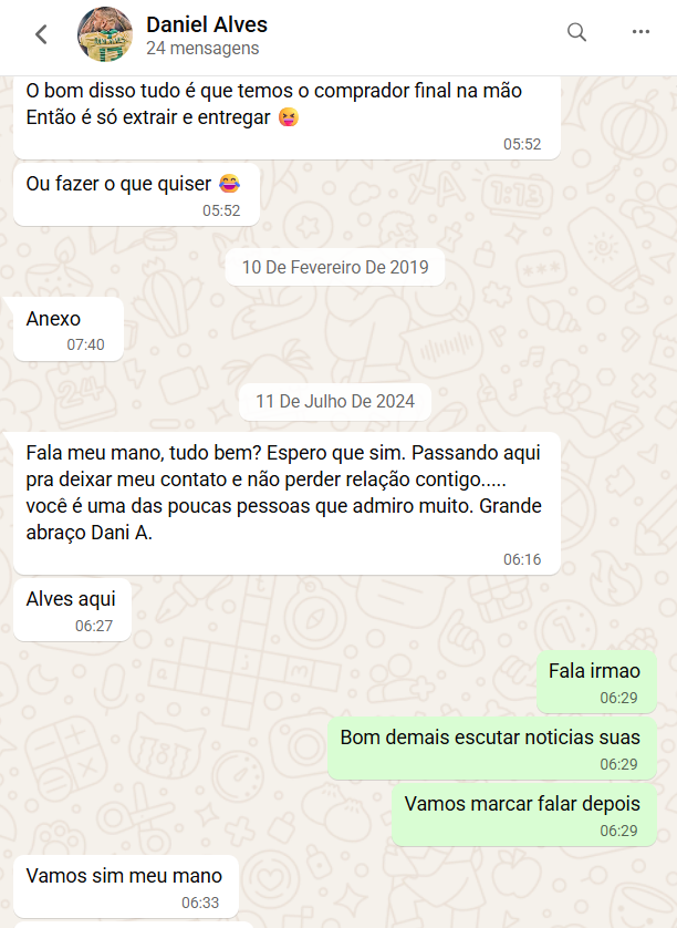 1uc4s_m1theus's tweet photo. Dani Alves no WhatsApp do Vorcaro.

2019: ofereceu 3 minas de um amigo. “Você tem algum interesse em participar?” Vorcaro não pensou: “Irmão, com você estou dentro.” Cinco dias depois, Alves mandou o documento. “Temos o comprador final na mão. É só extrair e entregar.”

2024, três meses fora da prisão na Espanha: “Não perder relação contigo. Você é uma das poucas pessoas que admiro muito.”

Já está no MasterWhats. Acesse: https://t.co/BQoNFJ6Gan