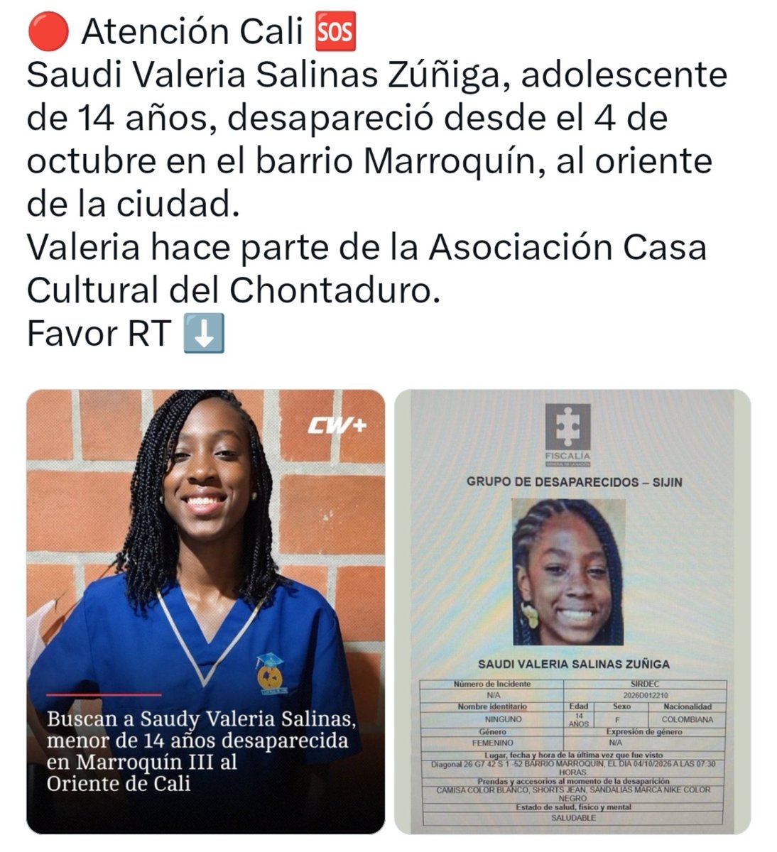 praxedes416's tweet photo. RED HUMANITARIA DERECHOS HUMANOS  busca en Cali, Joven de 14 años Desaparecida🧐👇😒🗣️💭 RT https://t.co/Vc3t2U0Uyg