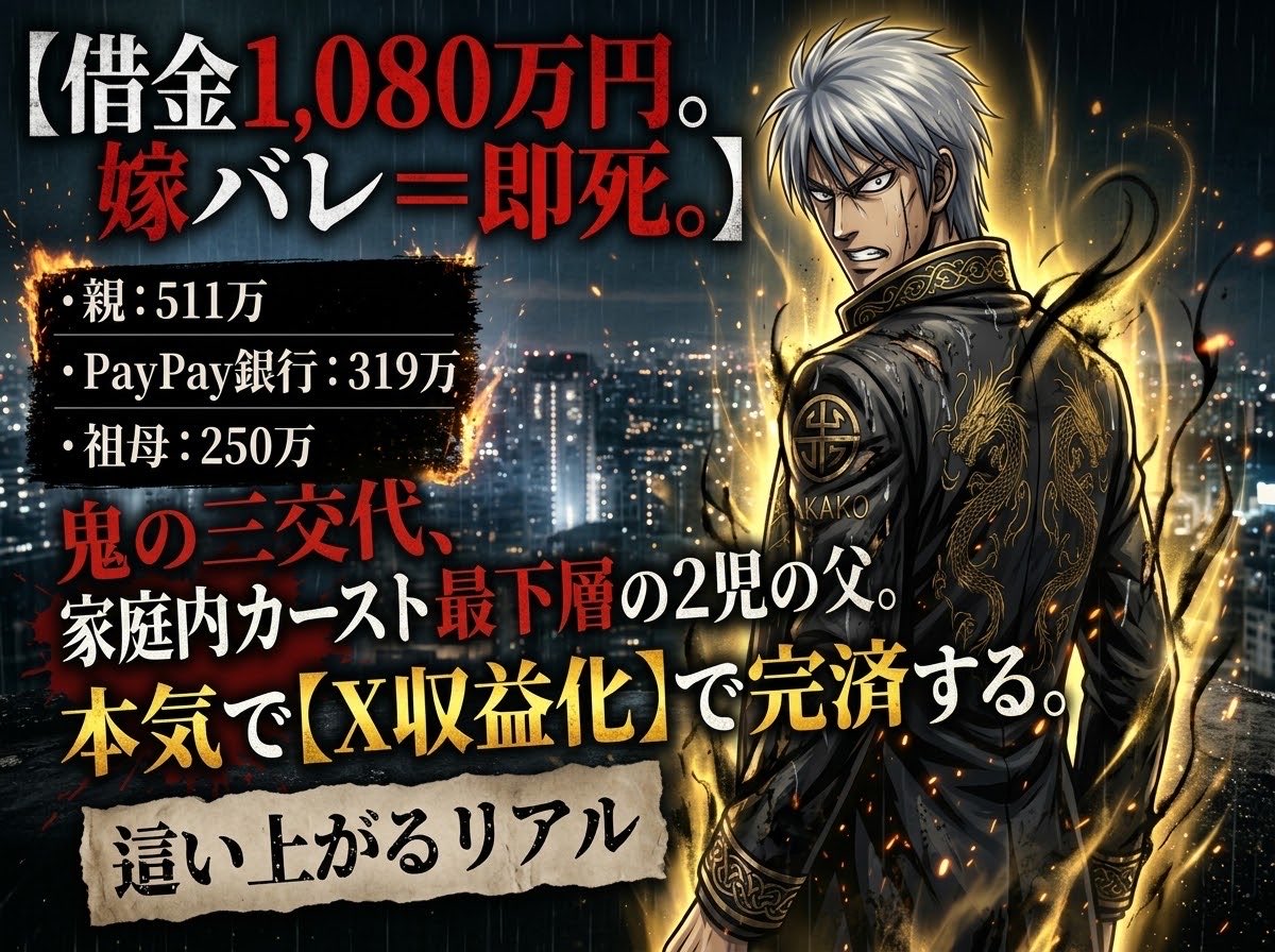 Chuuhashi1's tweet photo. 【借金1,080万円。嫁バレ＝即死。】
（10.7現在）
・親：511万
・PayPay銀行：319万
・祖母：250万　
鬼の三交代員、家庭内カースト最下層の2児のパパ。
逃げ場なし、言い訳なし、死線直結の返済生活。
絶望の底から意地でも這い上がるため、本気で【X収益化】を目指して完済するリアルをここに残す。
最後に一つだけ教えてくれ。
この状況から生還した奴、本当にこの世におるんか？