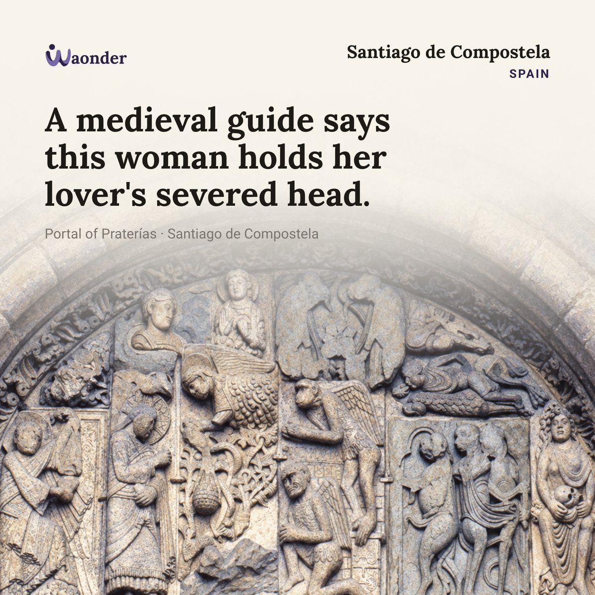 Puzzle9900's tweet photo. Praza das Praterías · Santiago de Compostela, Spain

Above Santiago Cathedral's Portal of Praterías, a woman holds a human skull.

The medieval Codex Calixtinus says it belonged to her lover, killed by her husband, and that she had to kiss the head twice each day.

Her identity remains disputed. The account is medieval. The warning is still in stone.

https://t.co/ZEokMhMnIM

#waonder