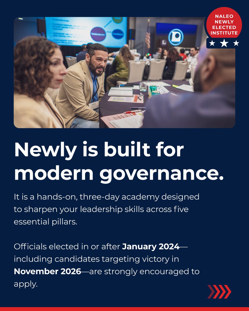 NALEO's tweet photo. Your constituents didn’t elect you to figure it out on your own. They elected you to lead — from day one. 🏛️

Join peers at the NALEO National Institute for Newly Elected Officials, Nov. 17–19 in Dallas, TX.

🗓️ Apply by Oct. 23! 🧵👇 https://t.co/2gPE7pX73i
