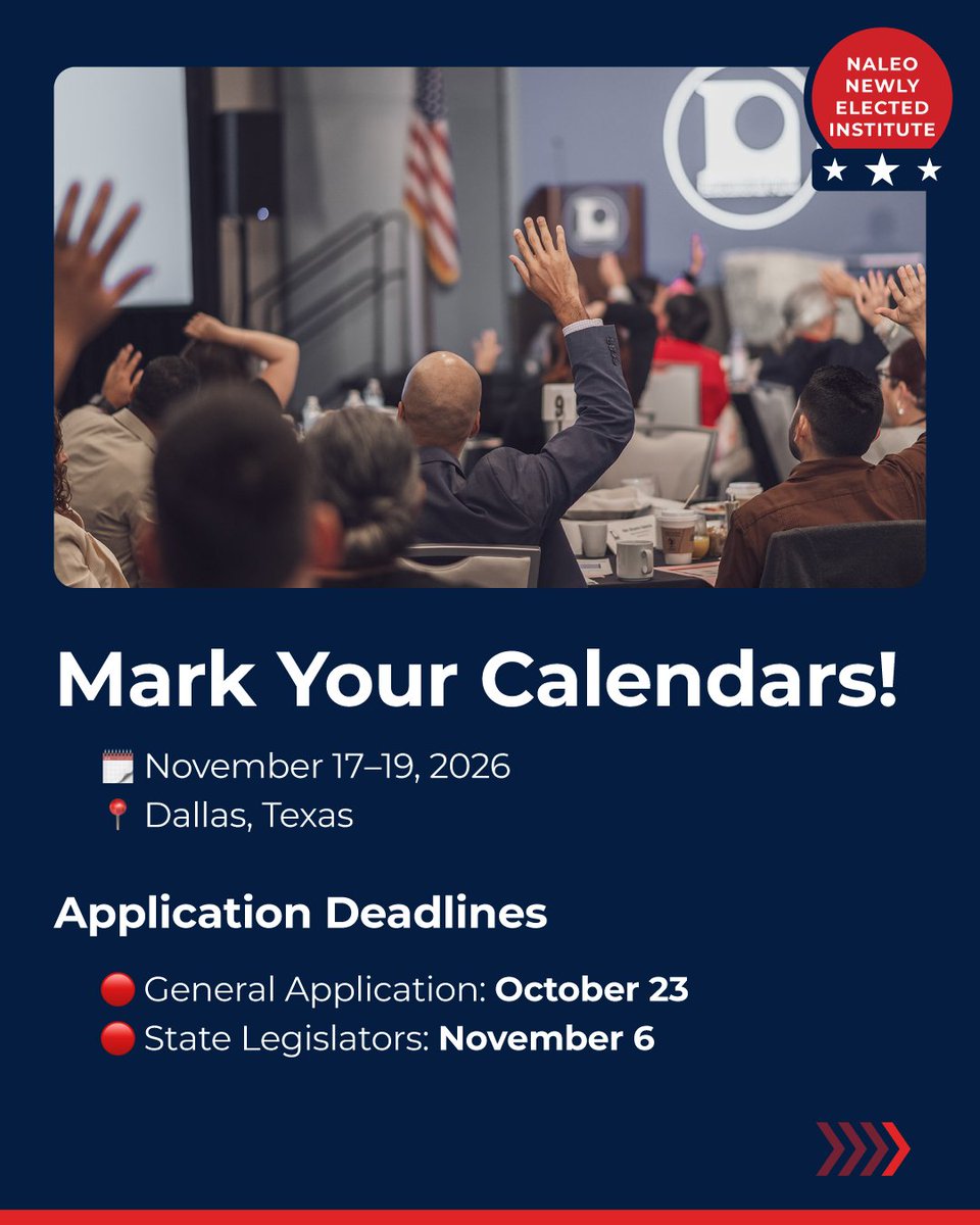 NALEO's tweet photo. Your constituents didn’t elect you to figure it out on your own. They elected you to lead — from day one. 🏛️

Join peers at the NALEO National Institute for Newly Elected Officials, Nov. 17–19 in Dallas, TX.

🗓️ Apply by Oct. 23! 🧵👇 https://t.co/2gPE7pX73i