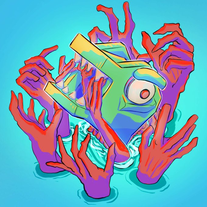 A vibrant illustration depicts a stylized green and blue fish-like character being grabbed and pulled by numerous red and purple hands emerging from turquoise water. The accompanying "gnpmmpf" text reflects the muffled, underwater struggle of the creature being overwhelmed by the grasping hands.