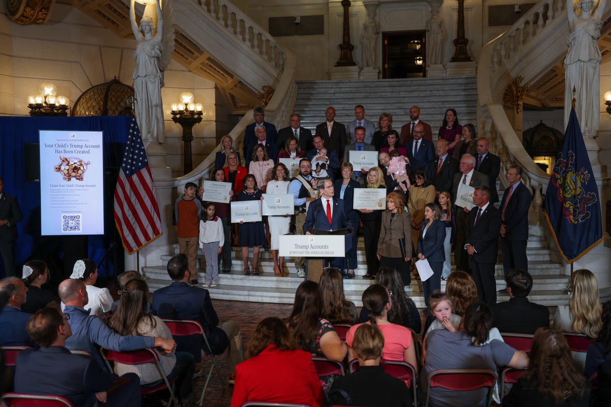 USTreasury's tweet photo. Yesterday, @SecScottBessent joined state and federal lawmakers at the Pennsylvania State Capitol to highlight the automatic enrollment of @TrumpAccounts and expanded access for American children.

Secretary Bessent then joined @PAChamber for a fireside chat on the Administration’s economic agenda and Treasury’s work to drive growth and opportunity for American workers and businesses.