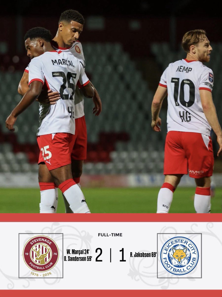 _BORONEWS_'s tweet photo. MR MARÇAL SCORES AGAIN 🤩
Stevenage beat Leicester 2️⃣-1️⃣ at Broadhall Way in the Jersey Mike’s Trophy.
Our next game is against Wigan Athletic at Broadhall Way on Saturday 10th October 🔜
UP THE BORO 🔴⚪️
#sbfc | #STELEI #JerseyMikesTrophy https://t.co/l1dgMjKiQ8