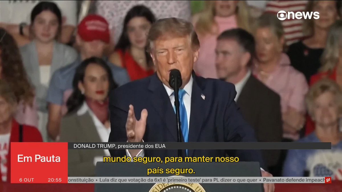 A screenshot shows a man speaking at a podium in a dark suit with a blue tie, with the caption "DONALD TRUMP, presidente dos EUA," and the "onews" watermark. The image is related to the context as it shows Donald Trump speaking, which corresponds to the provided caption about his statement regarding Iran.