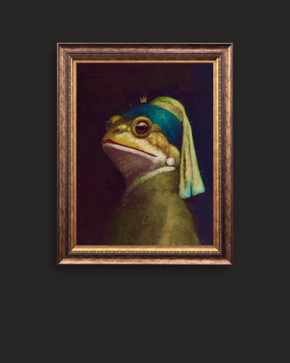 DrRobo7's tweet photo. “Toadette in Pearl Earring” 
@DrRobo7 × @Mjuleslik 

A pearl from Vermeer. 
A toad from $TOADS. 
And a line from Larkin.  
Oil &amp; digital • 4950 × 6300 px • 300 DPI @mallowdotart 

“Can’t I use my wit as a pitchfork And drive the brute off?” - Philip Larkin, Toads (1954) https://t.co/1y7guzKcvM