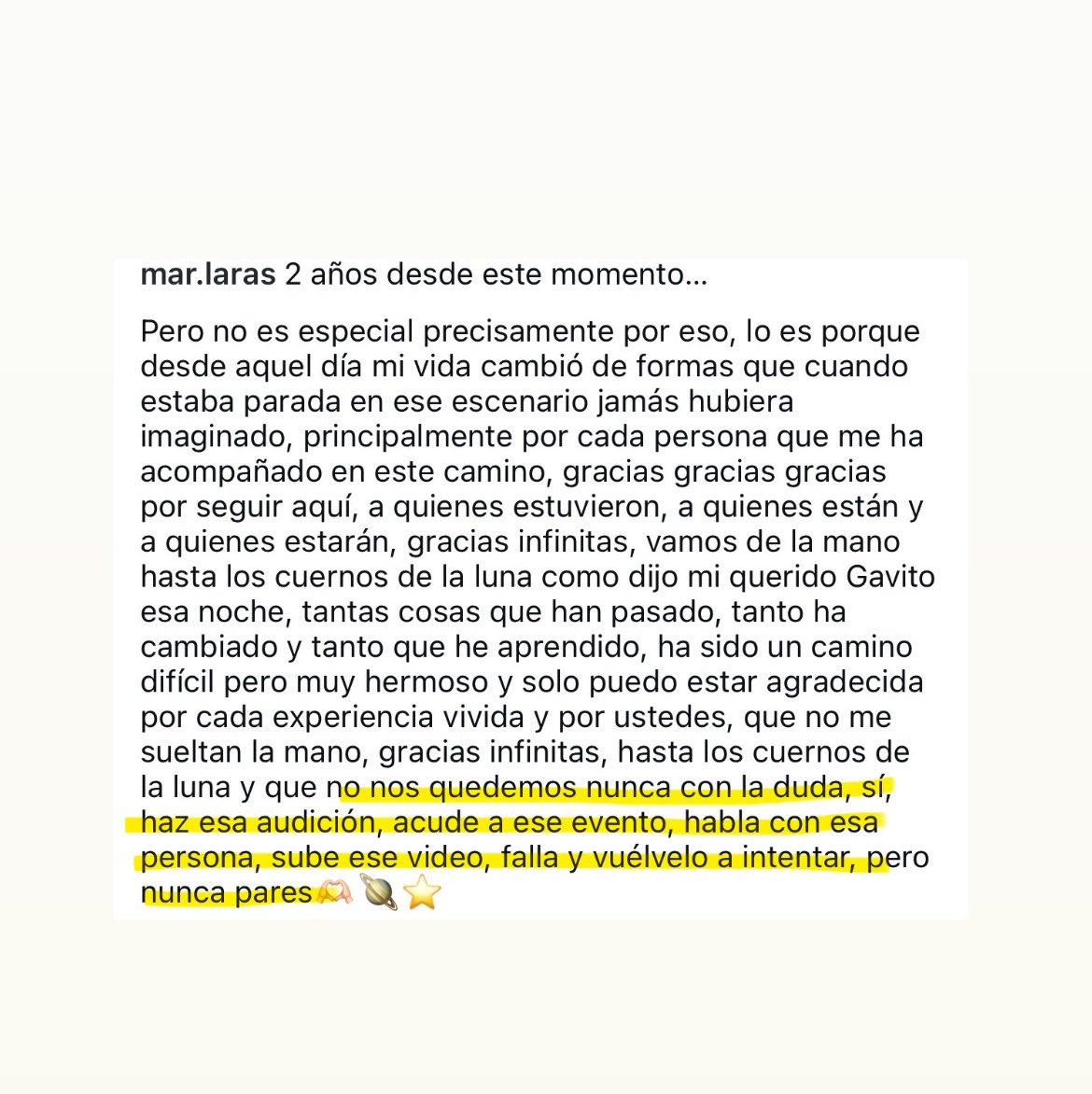 LuMarqueen's tweet photo. ⭐️| Mar Lara (@MarLara_Oficial) vía IG:

— “no nos quedemos nunca con la duda, sí, haz esa audición, acude a ese evento, habla con esa persona, sube ese video, falla y vuélvelo a intentar, pero nunca pares”

El detalle de esta descripción lo es todo, es un camino que ella tomó.🥹 https://t.co/SupCs7hYIu