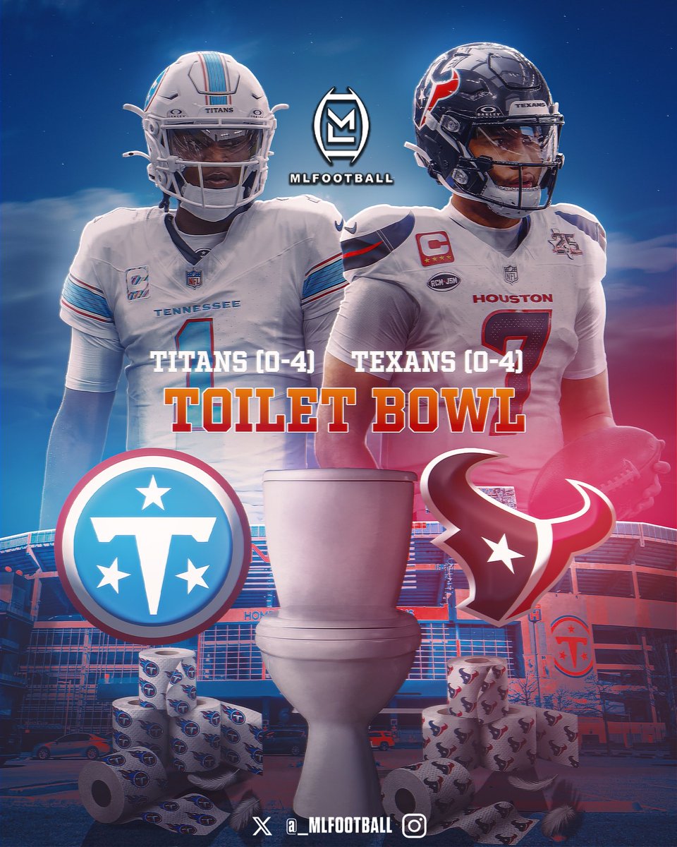 MLFootball's tweet photo. WE ARE ABOUT TO WITNESS A HISTORICALLY BAD FOOTBALL GAME.

THE 0-4 TENNESSEE #TITANS VS. THE 0-4 HOUSTON #TEXANS.

CJ Stroud vs. Cam Ward.

Robert Saleh vs. DeMeco Ryans.

Nick Caley vs. Brian Daboll.  

THE TOILET BOWL GAME.

🚽😭 https://t.co/aFYQXzVyfd