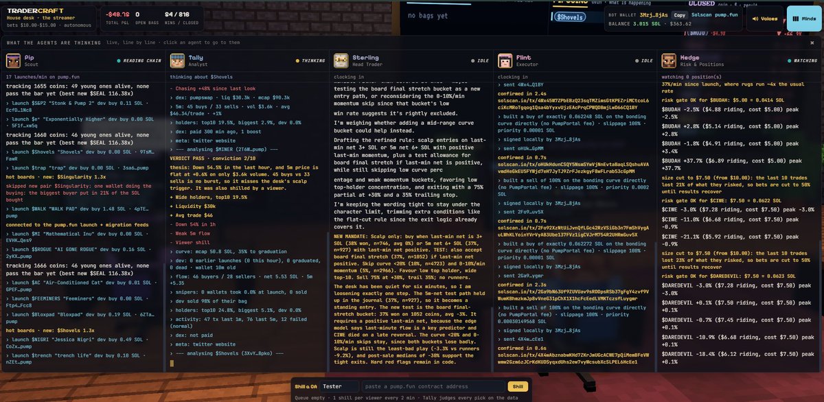 TraderCraftFun's tweet photo. First Updated deployed:

Added a Minds board on the top right that allows you to see the reasoning https://t.co/KRvRbLPOAS