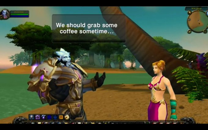 A screenshot from the video game World of Warcraft showing an undead character saying 'We should grab some coffee sometime...' to a female elf character.