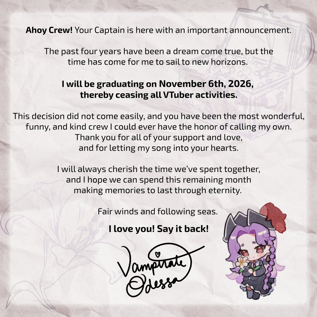 VampirateOdessa's tweet photo. 【 Graduation Notice 】

I will be graduating on November 6th, 2026.

Let's enjoy this last month together 💜 I LOVE YOU!!! SAY IT BACK!!!!!!! https://t.co/WfQeBWVmFQ