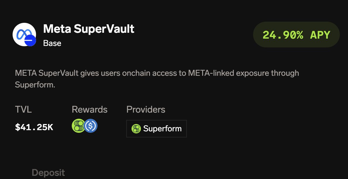 MeatMETAc's tweet photo. Ecosystem Update

base:0xb2000000000000000000008bc8786b856e61707c stock distributed to $MEAT holders now has somewhere to work.

The Meta SuperVault by @superformxyz is live on Base, currently showing 24.9% APY.

Not investment advice.

Stay Based https://t.co/sGtteDrP7q
