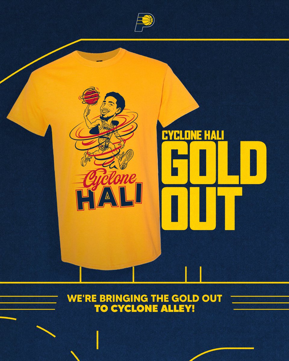 Pacers's tweet photo. Cyclone Hali 🌪️

Thanks to Tyrese Haliburton, we're bringing the GOLD OUT to Ames. The student section is ready to go for tomorrow's preseason game against the Timberwolves in Ames. https://t.co/GgtHI4cXh8