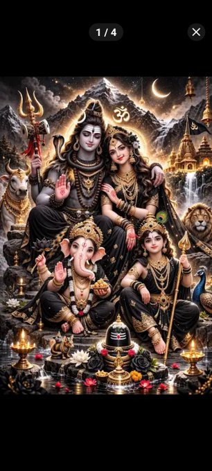 Hindu religious artwork depicting Lord Shiva and Parvati seated with Ganesha and another deity, set against a mountainous backdrop with temples and a crescent moon, marked as image 1/4.