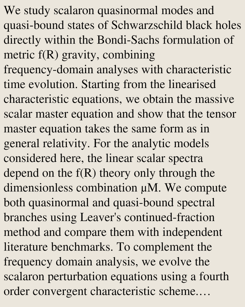 RelativityPaper's tweet photo. Scalaron Quasinormal and Quasi-Bound Modes of Schwarzschild Black Holes in the Bondi-Sachs Formulation of Metric f(R) Gravity

Bishop Mongwane, Didam G. A. Duniya, Seturumane Tema, Sanele Ziqubu, David F. Mota
https://t.co/9H4Pz7GXve [𝚐𝚛-𝚚𝚌] https://t.co/ZXUzjMxEBj