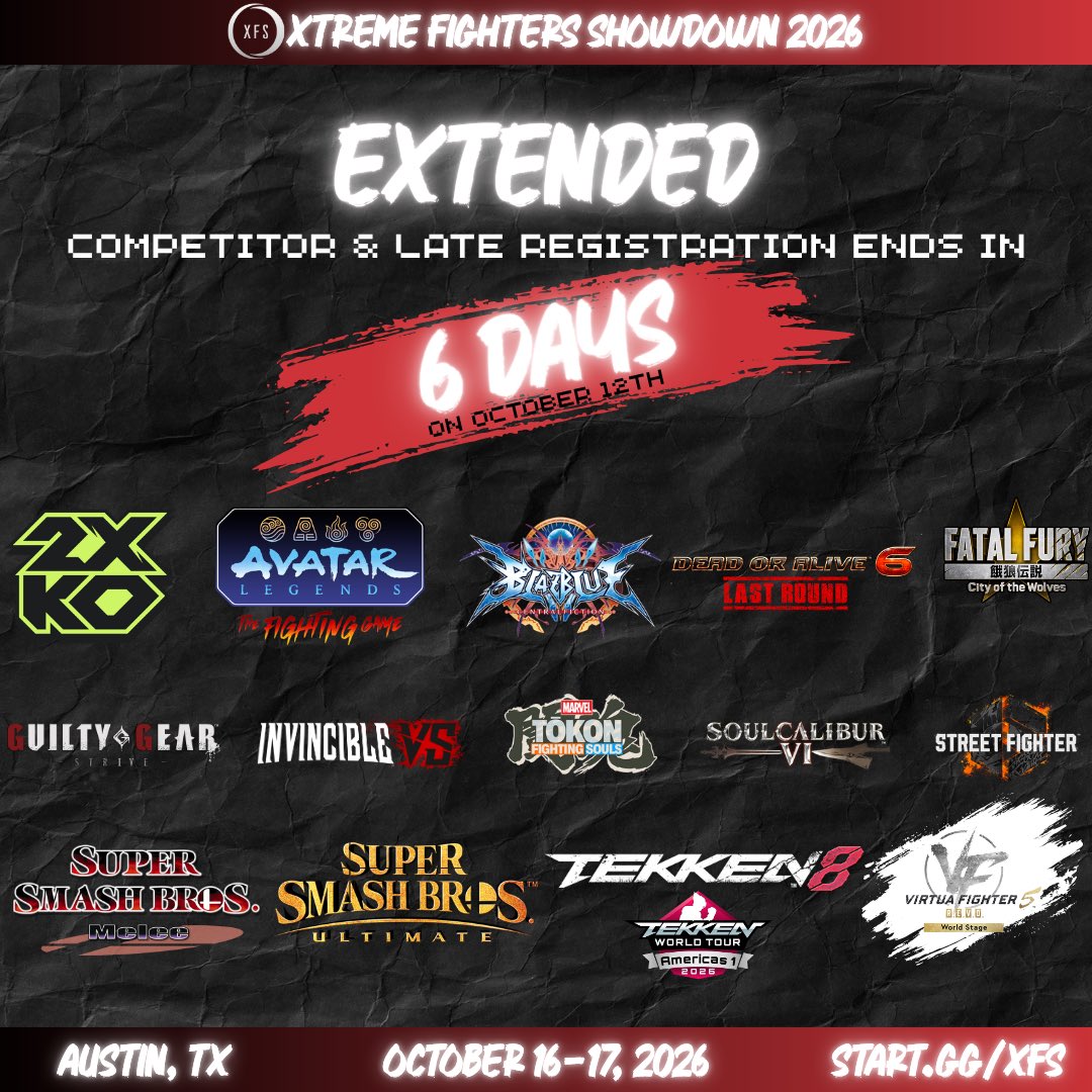 xfshowdown's tweet photo. 📢 Only 6 days left for competitors to register for #XFS2026 ! Don’t miss out on one of the last chances to get in on over 9,000 sqft of gaming, an official #TWT2026 Dojo, artists, vendors, cosplay contest, #FGC meet & greets & more! 

🗓️ October 16-17, 2026
📌 Texas Union (Austin, TX)
🔗 Registration, Hotel Blocks & more info: https://t.co/FeXbFAPVpE