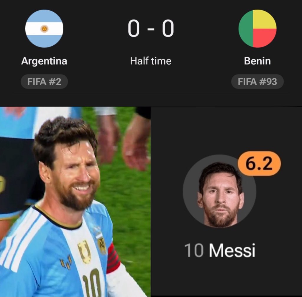 AVFC_Connor_'s tweet photo. Lionel Messi in first half vs Benin:

0 Goals
0 Assists
2 Big chances missed
0/4 Accurate crosses
1/4 Accurate long balls
5/6 Duels lost
0/2 Successful dribbles

Back like he never left🫡 https://t.co/zwX3xo7r2R