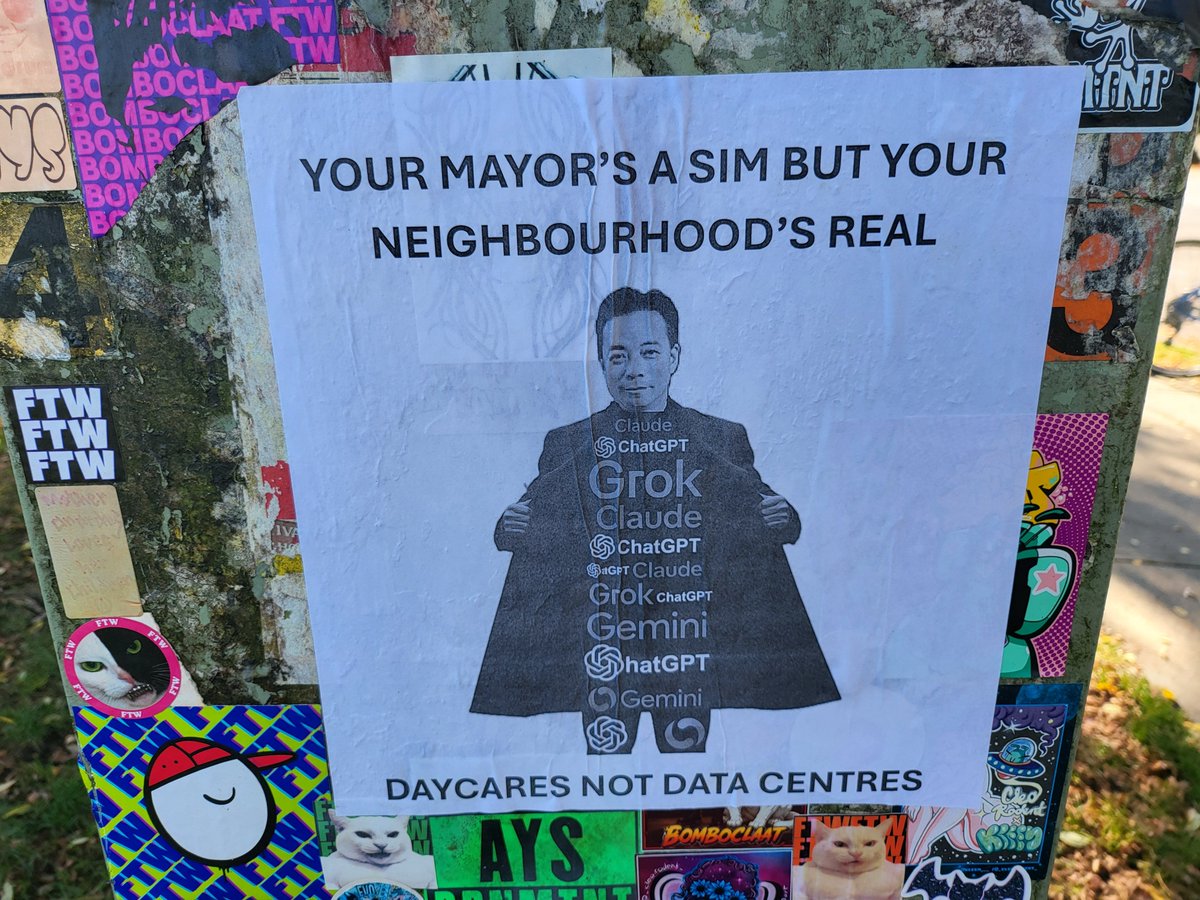 critcrim's tweet photo. Your mayor's a Sim but your neighbourhood's real.

Daycare not data centres.

Seen in Vancouver.

#EvictKenSim #FuckAI #NoAI https://t.co/Szux2RcRBa