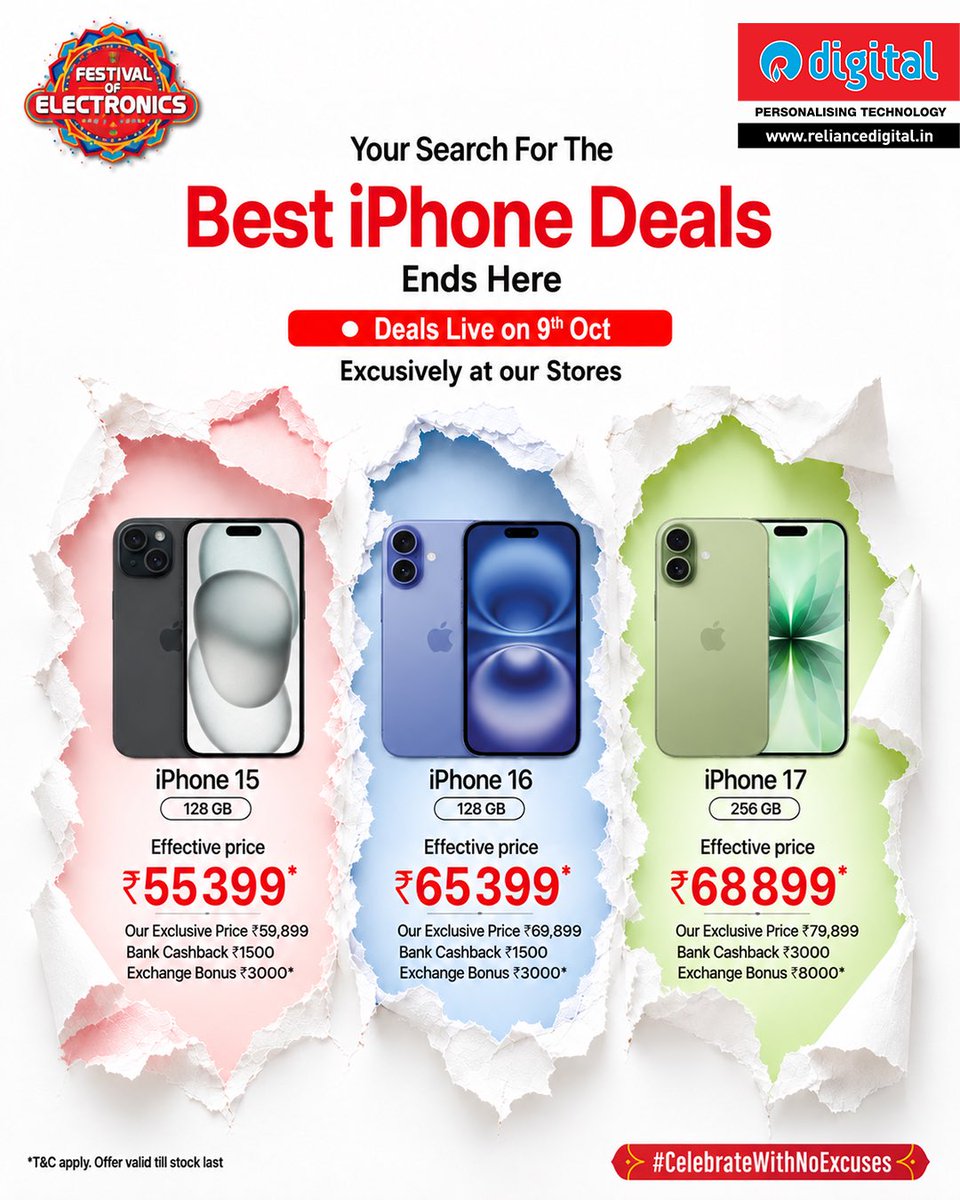 theandroidrush's tweet photo. 🚨 iPhone 17 at ₹76,899? 🥵

Reliance Digital:
₹79,899 - ₹3K SBI cashback = ₹76,899*

iPhone 16 — ₹67,399*
iPhone 15 — ₹58,399*
17 Pro — ₹1,21,900*

Could be one of the last chances before the 17 goes back to ₹99,900.

#iPhone17 #TheAndroidRush https://t.co/osnr5SQcYc