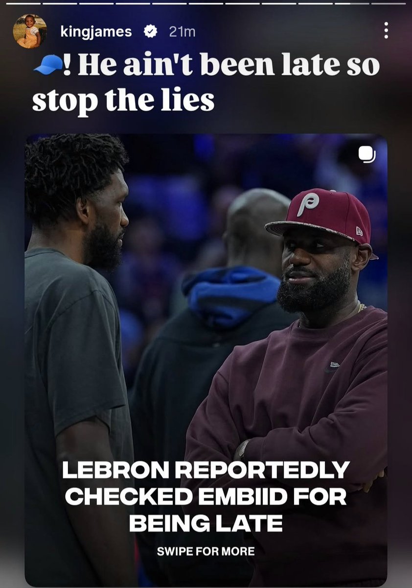 BronMuse's tweet photo. LeBron James defends Joel Embiid on IG:

"🧢! He ain't been late so stop the lies" https://t.co/5UyXvq4voz