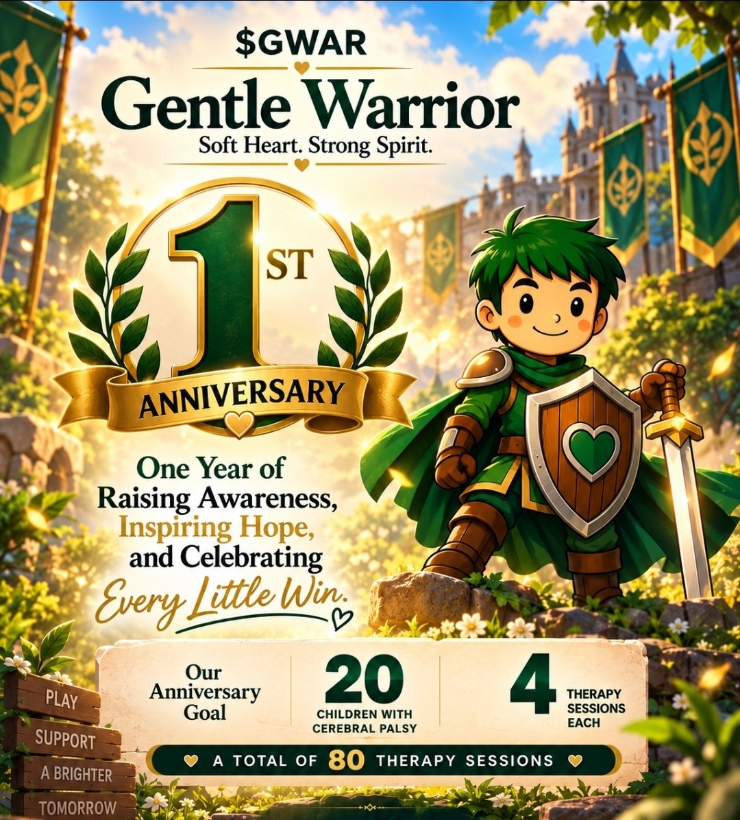 GentleWarrior02's tweet photo. As we approach Gentle Warrior’s 1st Anniversary on November 29, we look back on a year built around one simple mission — raising awareness, inspiring hope, and celebrating every little win. 💚

This anniversary, we hope to make the milestone even more meaningful by helping provide 4 therapy sessions each for 20 children with cerebral palsy — a total of 80 therapy sessions.

We’re getting closer to that goal, and we’re deeply grateful to everyone who continues to support and believe in this mission. ❤️

One year. One mission. More little wins ahead.

Soft Heart. Strong Spirit.

#GentleWarrior #GentleWarrior1stAnniversary #CerebralPalsyAwareness #EveryLittleWin $GWAR