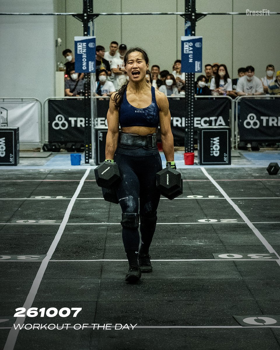 CrossFit's tweet photo. Workout of the Day
Wednesday 261007

3 rounds for time of:
50 lunges
200-meter dumbbell farmers carry

♀ 50-lb dumbbells
♂ 70-lb dumbbells

Post time to comments.

📍2022 Far East Throwdown in Busan, South Korea

#CrossFit #WorkoutoftheDay https://t.co/249dPFtanK