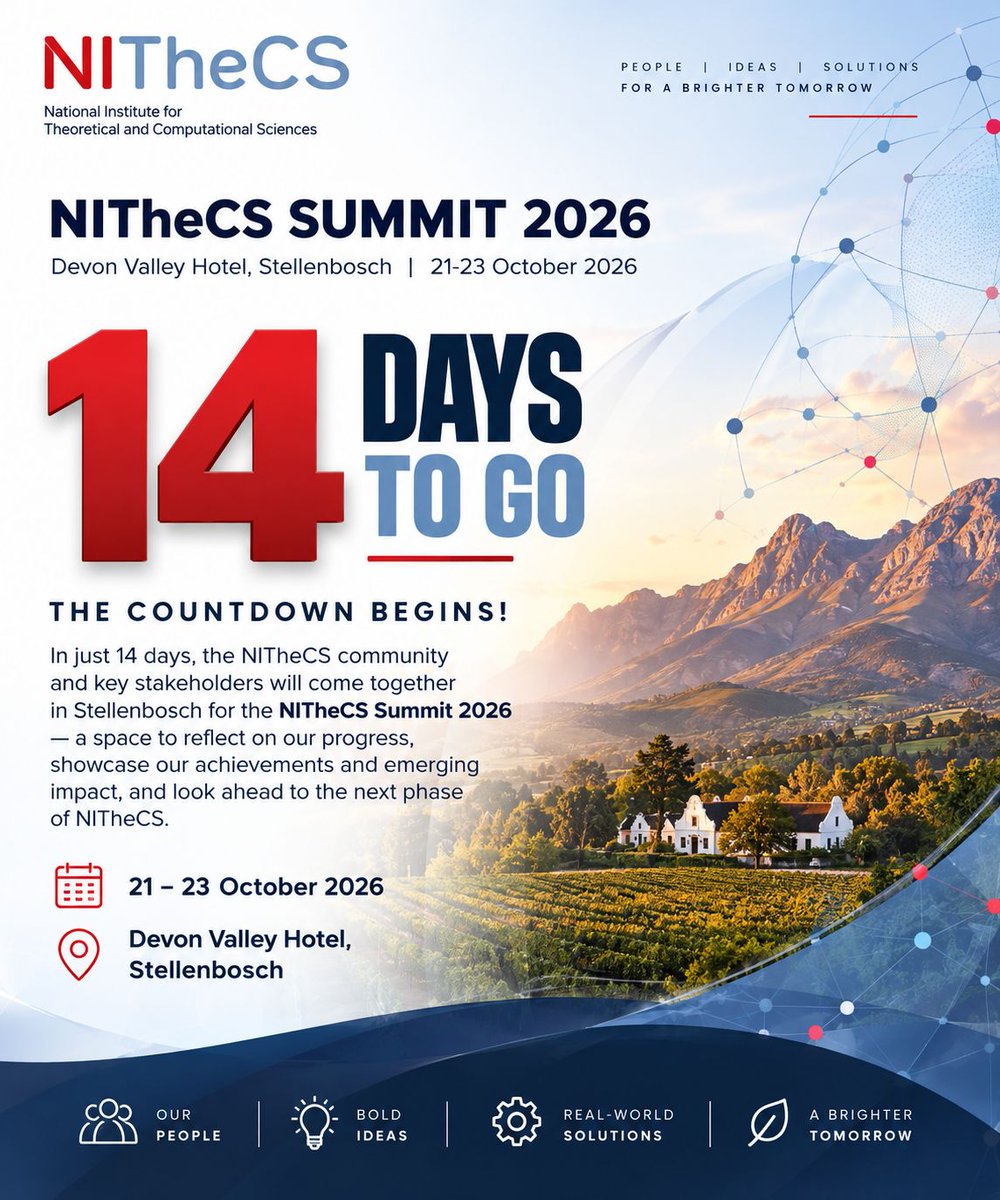 NITheCS's tweet photo. 14 DAYS TO GO! ⏳
The countdown to the NITheCS Summit 2026 is officially on!

📅 21–23 October 2026
📍 Devon Valley Hotel, Stellenbosch
Our people. Bold ideas. Real-world impact. The next phase of NITheCS.
#NITheCSSummit2026 #NITheCS https://t.co/Xa9AHHCiY1