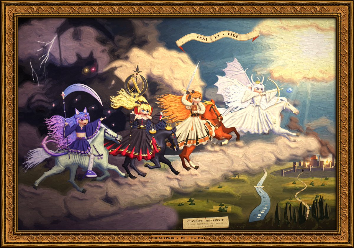 aweofmachines's tweet photo. Opus 5.5's interpretation of a request of some ZipZipPipe girls as the four horsemen. https://t.co/OaBJvo2ZLv