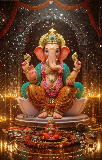 A vibrant digital artwork depicting Lord Ganesha seated on a lotus throne, adorned with golden ornaments and garlands, with a smaller Ganesha idol placed below in a decorated shrine setting.