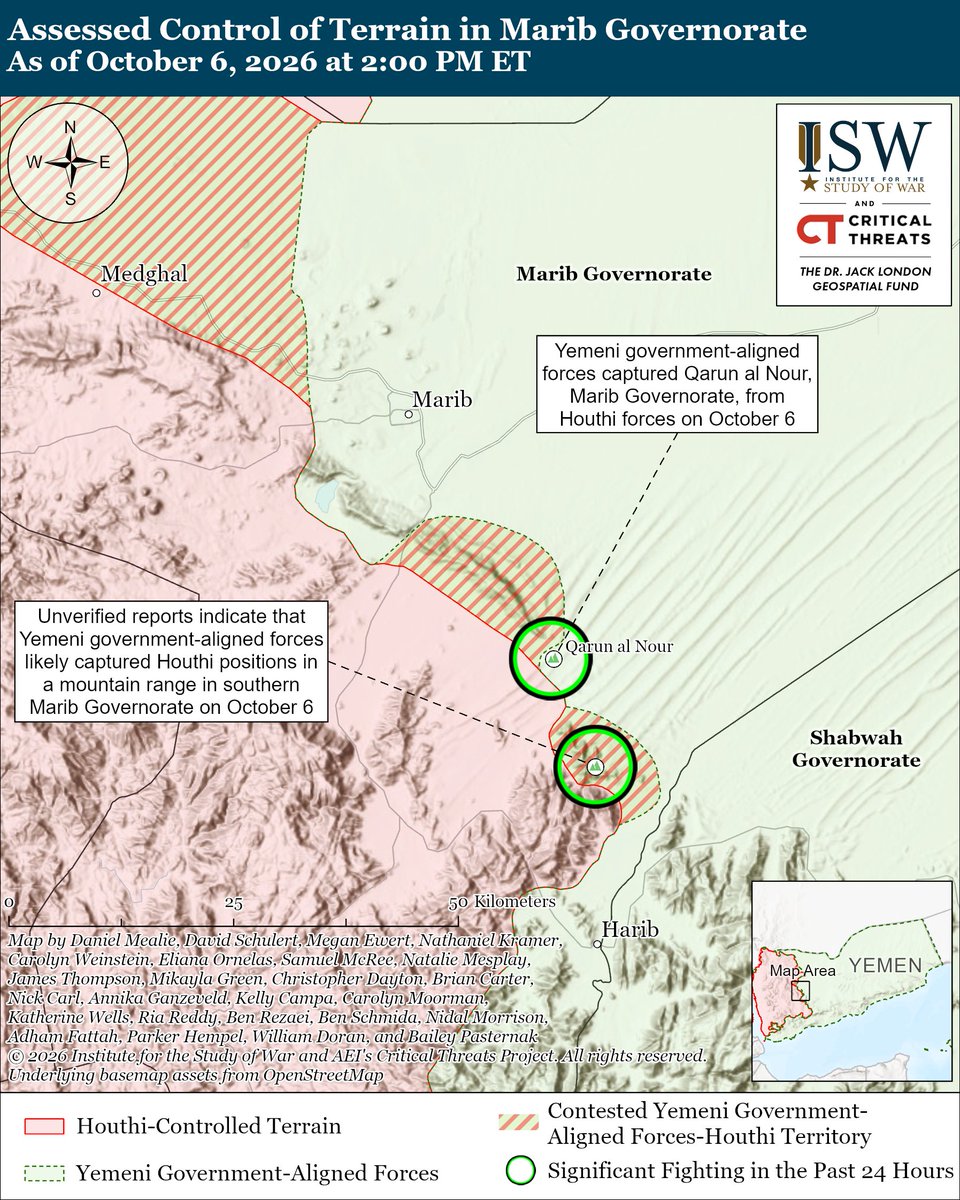 TheStudyofWar's tweet photo. NEW: The Houthis have, at least for now, prevented further Yemeni government advances northward on the Red Sea coastal plain. ISW-CTP is adjusting its previous assessment that Houthi forces on the coastal plain are collapsing in light of evidence in the last 24 hours indicating that the Houthis have stopped Yemeni government-aligned advances.

Other Key Takeaways:

A temporary pause in the Yemeni government ground advance provides both the Houthis and the Yemeni government with time to consolidate their combat forces and positions. The Houthis may use the current pause in government advances on the coastal plain to deploy more reinforcements to the operational area and strengthen defensive positions north of the frontline.

A successful Yemeni government counteroffensive in the mountains east of the coastal plain could support Yemeni government-aligned forces’ advances northward on the coastal plain.

Saudi naval and air forces targeted Houthi military and maritime assets on October 5 that the group could use to attack shipping in the Bab al Mandeb Strait, amid the broader Saudi and Yemeni air campaign to degrade Houthi strike capabilities and support Yemeni government-aligned forces.

The Houthis significantly expanded the scale of their attacks on Saudi military and civilian infrastructure on October 5, likely to compel Saudi Arabia to abandon its support for ongoing Yemeni government counteroffensives. The Houthis believe that they can maximize Saudi economic costs and compel Saudi Arabia to surrender to Houthi demands by striking civilian infrastructure, such as oil facilities and airports.