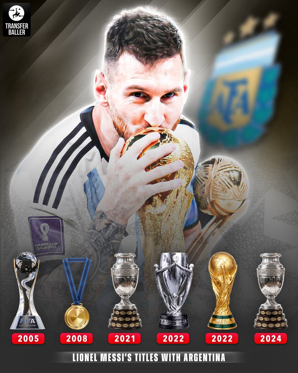 transferballer's tweet photo. 🐐🇦🇷 MESSI’S LEGACY WITH ARGENTINA IS SPECIAL

🏆 U20 World Cup
🥇 Olympic Gold
🏆 2× Copa América
🏆 Finalissima
🌍 World Cup

A legendary international career. 👑🔥 https://t.co/ZEcgQL8Mr8