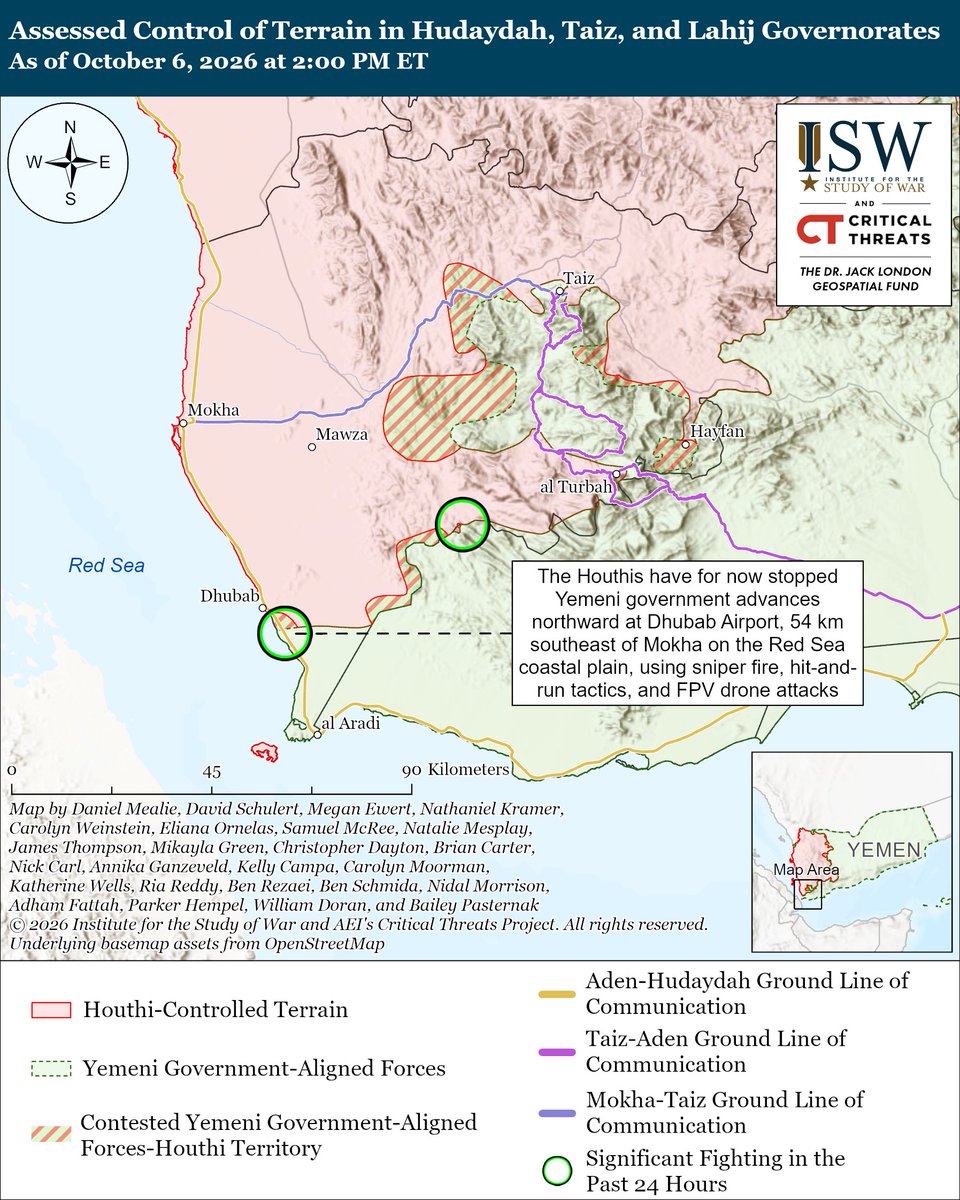 TheStudyofWar's tweet photo. NEW: The Houthis have, at least for now, prevented further Yemeni government advances northward on the Red Sea coastal plain. ISW-CTP is adjusting its previous assessment that Houthi forces on the coastal plain are collapsing in light of evidence in the last 24 hours indicating that the Houthis have stopped Yemeni government-aligned advances.

Other Key Takeaways:

A temporary pause in the Yemeni government ground advance provides both the Houthis and the Yemeni government with time to consolidate their combat forces and positions. The Houthis may use the current pause in government advances on the coastal plain to deploy more reinforcements to the operational area and strengthen defensive positions north of the frontline.

A successful Yemeni government counteroffensive in the mountains east of the coastal plain could support Yemeni government-aligned forces’ advances northward on the coastal plain.

Saudi naval and air forces targeted Houthi military and maritime assets on October 5 that the group could use to attack shipping in the Bab al Mandeb Strait, amid the broader Saudi and Yemeni air campaign to degrade Houthi strike capabilities and support Yemeni government-aligned forces.

The Houthis significantly expanded the scale of their attacks on Saudi military and civilian infrastructure on October 5, likely to compel Saudi Arabia to abandon its support for ongoing Yemeni government counteroffensives. The Houthis believe that they can maximize Saudi economic costs and compel Saudi Arabia to surrender to Houthi demands by striking civilian infrastructure, such as oil facilities and airports.