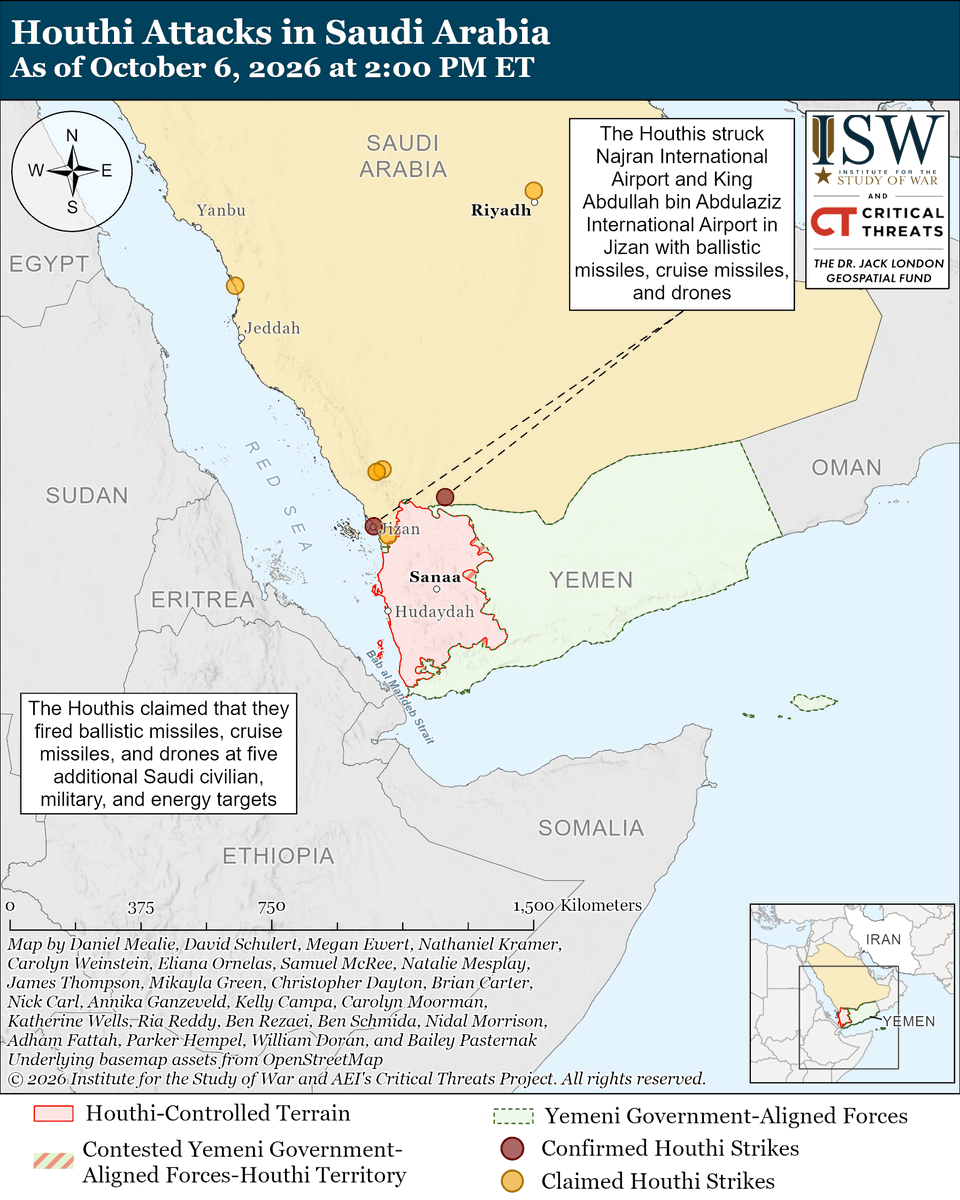 TheStudyofWar's tweet photo. NEW: The Houthis have, at least for now, prevented further Yemeni government advances northward on the Red Sea coastal plain. ISW-CTP is adjusting its previous assessment that Houthi forces on the coastal plain are collapsing in light of evidence in the last 24 hours indicating that the Houthis have stopped Yemeni government-aligned advances.

Other Key Takeaways:

A temporary pause in the Yemeni government ground advance provides both the Houthis and the Yemeni government with time to consolidate their combat forces and positions. The Houthis may use the current pause in government advances on the coastal plain to deploy more reinforcements to the operational area and strengthen defensive positions north of the frontline.

A successful Yemeni government counteroffensive in the mountains east of the coastal plain could support Yemeni government-aligned forces’ advances northward on the coastal plain.

Saudi naval and air forces targeted Houthi military and maritime assets on October 5 that the group could use to attack shipping in the Bab al Mandeb Strait, amid the broader Saudi and Yemeni air campaign to degrade Houthi strike capabilities and support Yemeni government-aligned forces.

The Houthis significantly expanded the scale of their attacks on Saudi military and civilian infrastructure on October 5, likely to compel Saudi Arabia to abandon its support for ongoing Yemeni government counteroffensives. The Houthis believe that they can maximize Saudi economic costs and compel Saudi Arabia to surrender to Houthi demands by striking civilian infrastructure, such as oil facilities and airports.