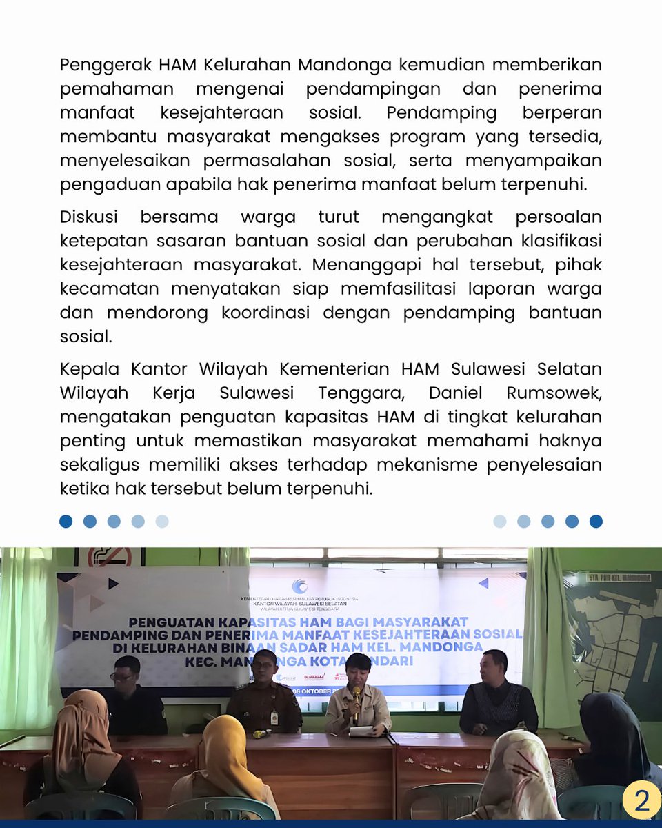 kemenhamsultra's tweet photo. Kemenham Sultra membuka ruang dialog bersama masyarakat Kelurahan Mandonga, Kota Kendari, untuk memperkuat pemahaman tentang HAM dan kesejahteraan sosial.

#kementerianham #kemenhamsultra #p5ham #hamuntuksemua https://t.co/4b0JADIyWo