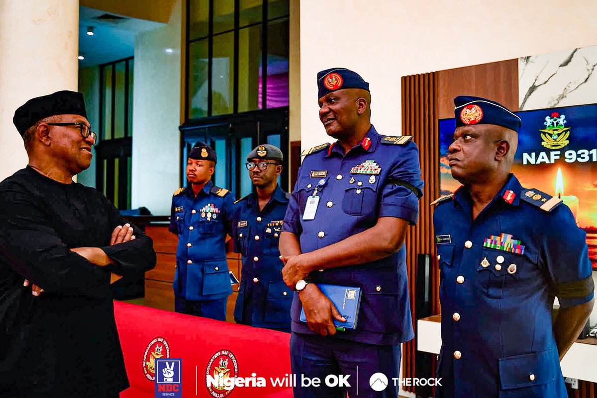 NigeriaNDCHQ's tweet photo. The presidential candidate of our great Party, His Excellency Peter Obi, was at the Air Force facility to condole with the Nigerian Air Force and with the families, colleagues, and loved ones of those who lost their lives in the ill-fated crash in Ondo. https://t.co/PaV93YCcZ6