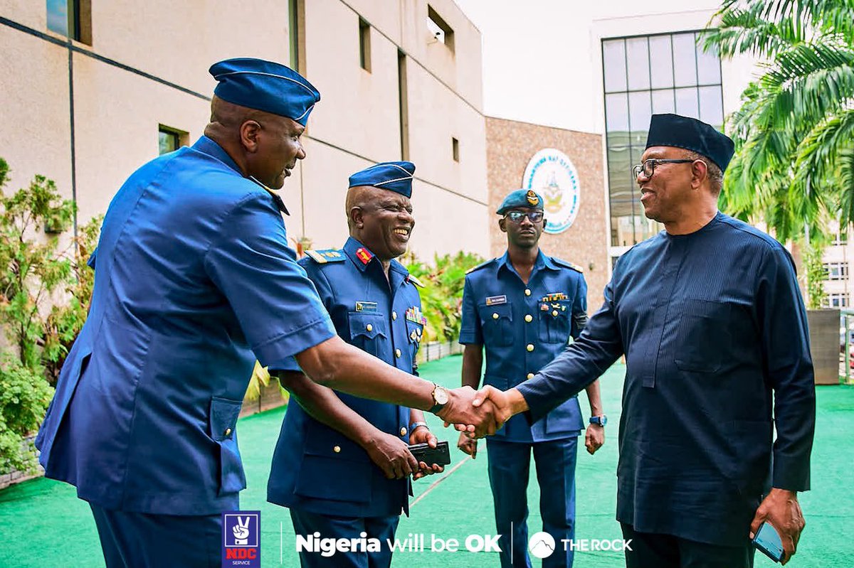 NigeriaNDCHQ's tweet photo. The presidential candidate of our great Party, His Excellency Peter Obi, was at the Air Force facility to condole with the Nigerian Air Force and with the families, colleagues, and loved ones of those who lost their lives in the ill-fated crash in Ondo. https://t.co/PaV93YCcZ6