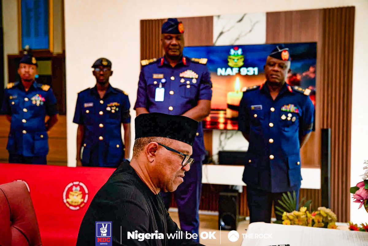 NigeriaNDCHQ's tweet photo. The presidential candidate of our great Party, His Excellency Peter Obi, was at the Air Force facility to condole with the Nigerian Air Force and with the families, colleagues, and loved ones of those who lost their lives in the ill-fated crash in Ondo. https://t.co/PaV93YCcZ6