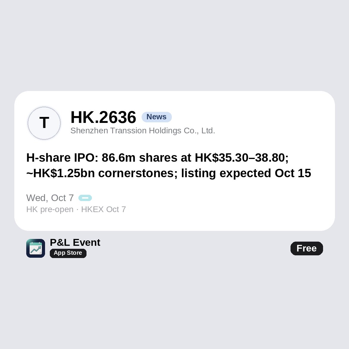 promptdora's tweet photo. HK.2636 Transsion Holdings (TECNO, Infinix) opens its Hong Kong H-share IPO: 86,648,300 shares at HK$35.30–38.80, with ~HK$1,245.5m from cornerstones incl. GIC and E Fund; est. net proceeds ~HK$3,118.1m at the mid-point. Retail books close Oct 12; listing expected Oct 15. https://t.co/pb0U7EDyBD