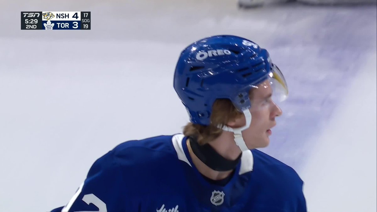 A TSN broadcast screenshot shows a Toronto Maple Leafs hockey player in a blue helmet, with the scoreboard reading NSH 4, TOR 3 at 5:29 in the 2nd period and shots on goal 17-19.
