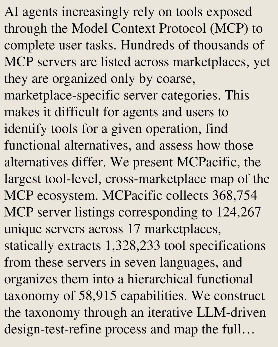 ComputerPapers's tweet photo. Understanding the Hierarchical Structure and Functional Landscape of the Model Context Protocol Ecosystem

Tingxuan Tang, Zilong Chen, Yue, Xiao
https://t.co/HVLDIWCv5P [𝚌𝚜.𝚂𝙴] https://t.co/3ZnpQOawbN