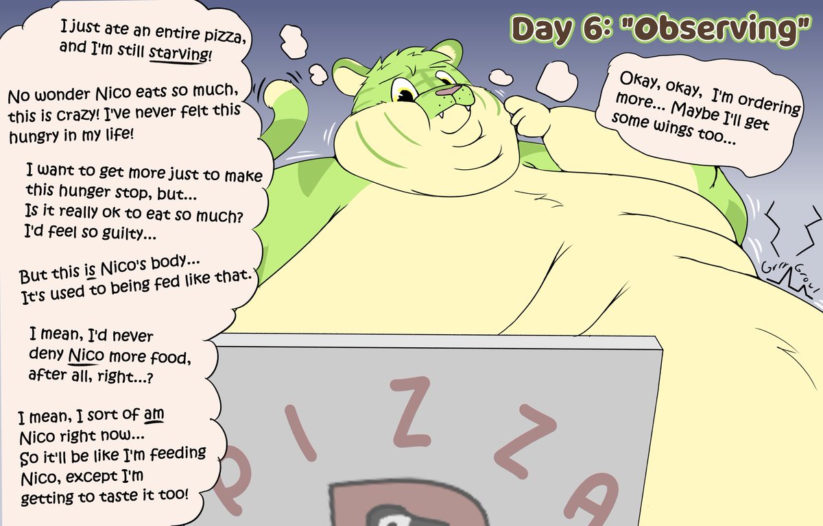 fatfatnicocat's tweet photo. Fattytober Day 6: "Observing"

Pavel got his pizza but even the whole thing wasn't enough to sate his new body's huge appetite

He wouldn't normally eat so much, but he's got to keep up with the caloric demands of Nico's body... And to do that, he's got to start eating like Nico! https://t.co/8Hl5QvzkFu