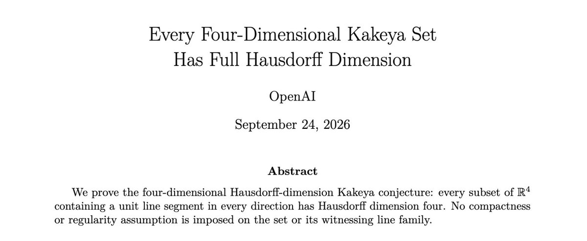 jdlichtman's tweet photo. Another one: The Kakeya problem in 4-D!

Just this summer, Hong Wang won the Fields medal for the Kakeya proof in 3-D (Wang-Zahl, 2026)

https://t.co/NygzEfU4CZ https://t.co/Qr3DSPIEXm
