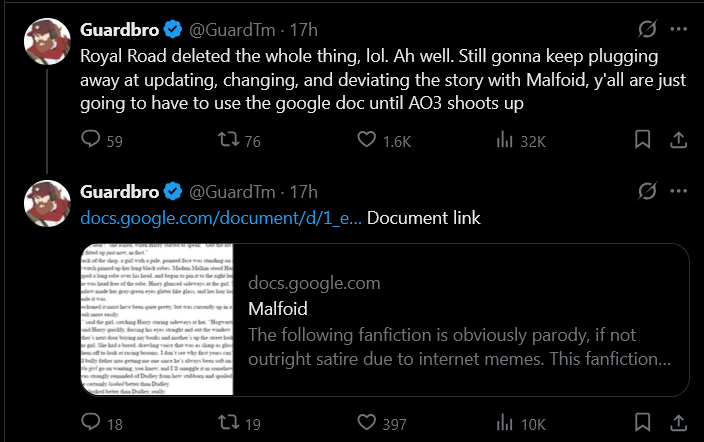 ObviousRises's tweet photo. Holy shit there is a guy rewriting the entire harry potter books with Malfoid in it (using the main plot as the skeleton) the crazy part is the story is deviating (because of meeting Malfoid) and he's adapting the plot, he already completed the Sorcerers Stone absolute madman. https://t.co/9Rv3PGyTGc