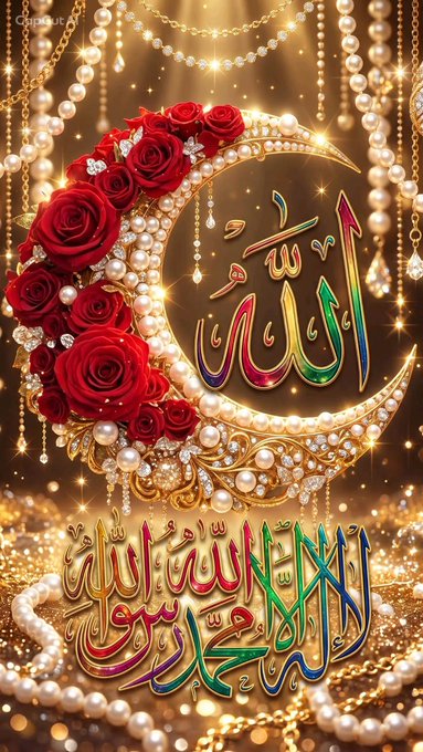 An ornate golden crescent moon adorned with red roses, pearls, and sparkling crystals features colorful Arabic calligraphy of "Allah" and the Shahada ("There is no god but Allah, Muhammad is the Messenger of Allah"), set against a glittering background with hanging beads. The image complements the accompanying post, which offers an Urdu morning greeting of peace and a heartfelt prayer for blooming happiness and well-being.
