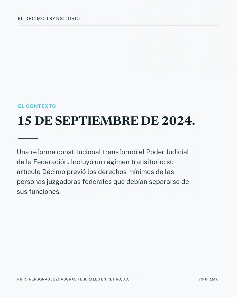 pjfrmex's tweet photo. El Décimo Transitorio no fue una promesa. Fue parte de la reforma.

Ahí se establecieron derechos para las personas juzgadoras que dejarían el cargo. Por eso, su cumplimiento se convirtió en una exigencia colectiva.

Lo que está escrito también debe cumplirse.

#PJFR https://t.co/4fusxNX8tD