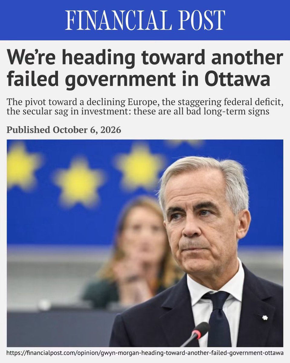 JayGenXer's tweet photo. Stagnant growth. Shrinking paycheques. Sky-high bills. 

The Financial Post just called the destination.

Gwyn Morgan, today. Another failed government in Ottawa. The 2026-27 deficit is $78.3 billion. Since 2015, $828 billion more investment capital has left the country than come in. In 2024 the average family paid 42.3 percent of its income in tax. Housing, food and clothing together took 35.5. The government take beat the groceries and the roof.

His answer is a closer deal with a Europe we already have agreements with. CETA. Britain. EFTA. The customer who buys the oil and the cars is still the United States. Montreal is booked anyway. A pivot to a slower market, a deficit that does not flinch, and capital walking out the door. That is not a plan that has not landed yet. That is the result.

All talk. The file is the delivery.

#cdnpoli