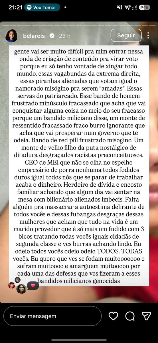 leandroruschel's tweet photo. Essa choradeira da esquerda está boa demais.

A moça diz que quer criar conteúdo "pra virar voto". O conteúdo: eleitoras de direita são "piranhas alienadas", quem discorda é "velho filho da puta", e o desejo final é que todos "sofram muitoooo".

O amor venceu. 🤣 https://t.co/UCN7TEYRAW