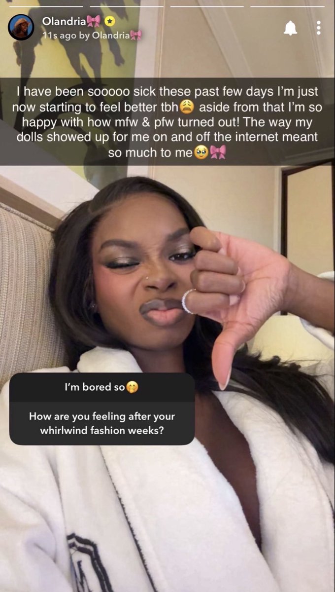 olandriabase_'s tweet photo. Olandria reveals in a series of new Snapchat stories that her Blumarine and Ottolinger looks were her favorite looks from MFW &amp; PFW! 

She also reveals that she’s recovering from her busy schedule, but is happy with how her fashion weeks turned out! 🎀 https://t.co/Rw7oyIJu7o